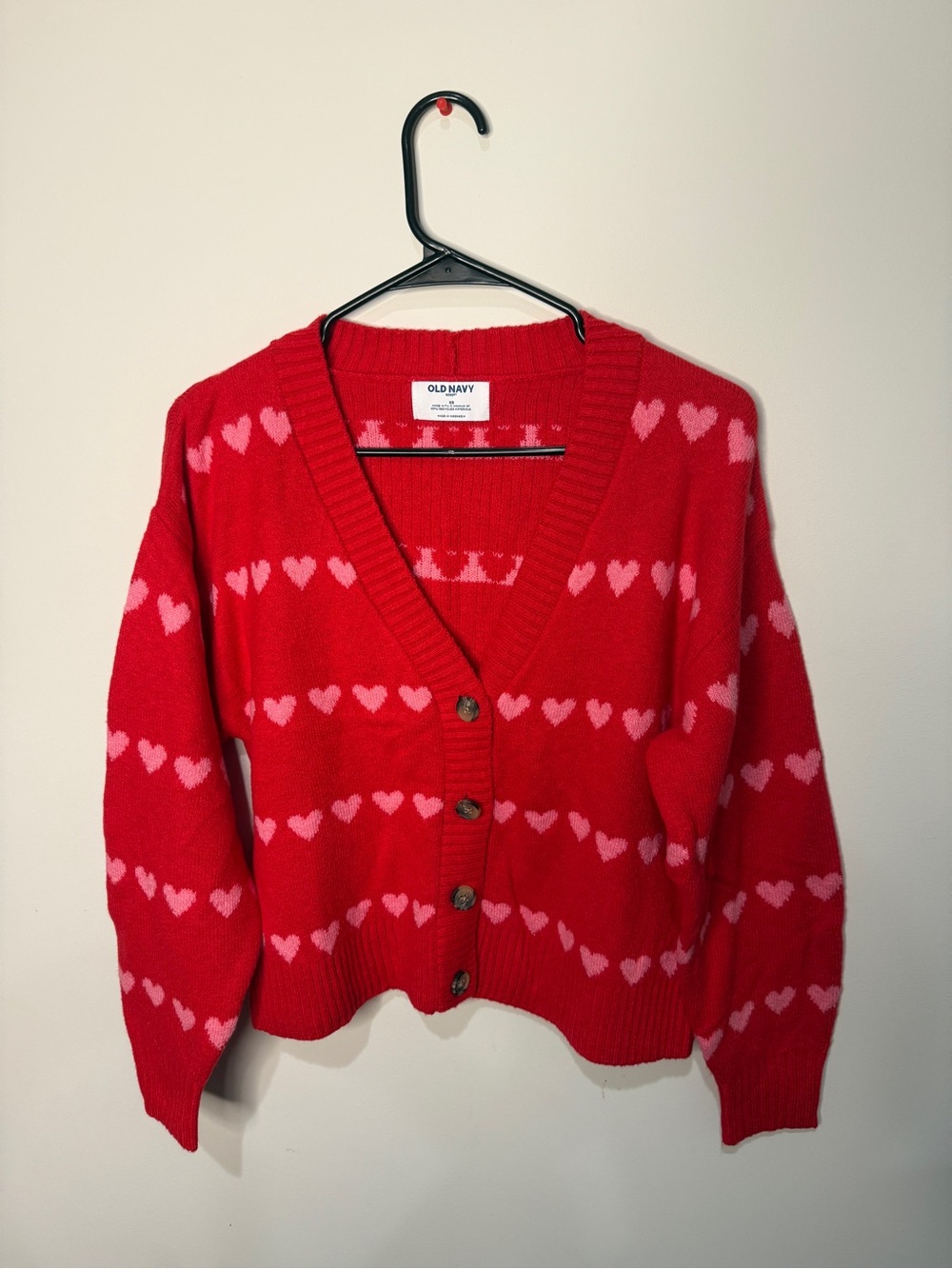 Old Navy Red Cardigan Sweater with Pink Heart Pattern